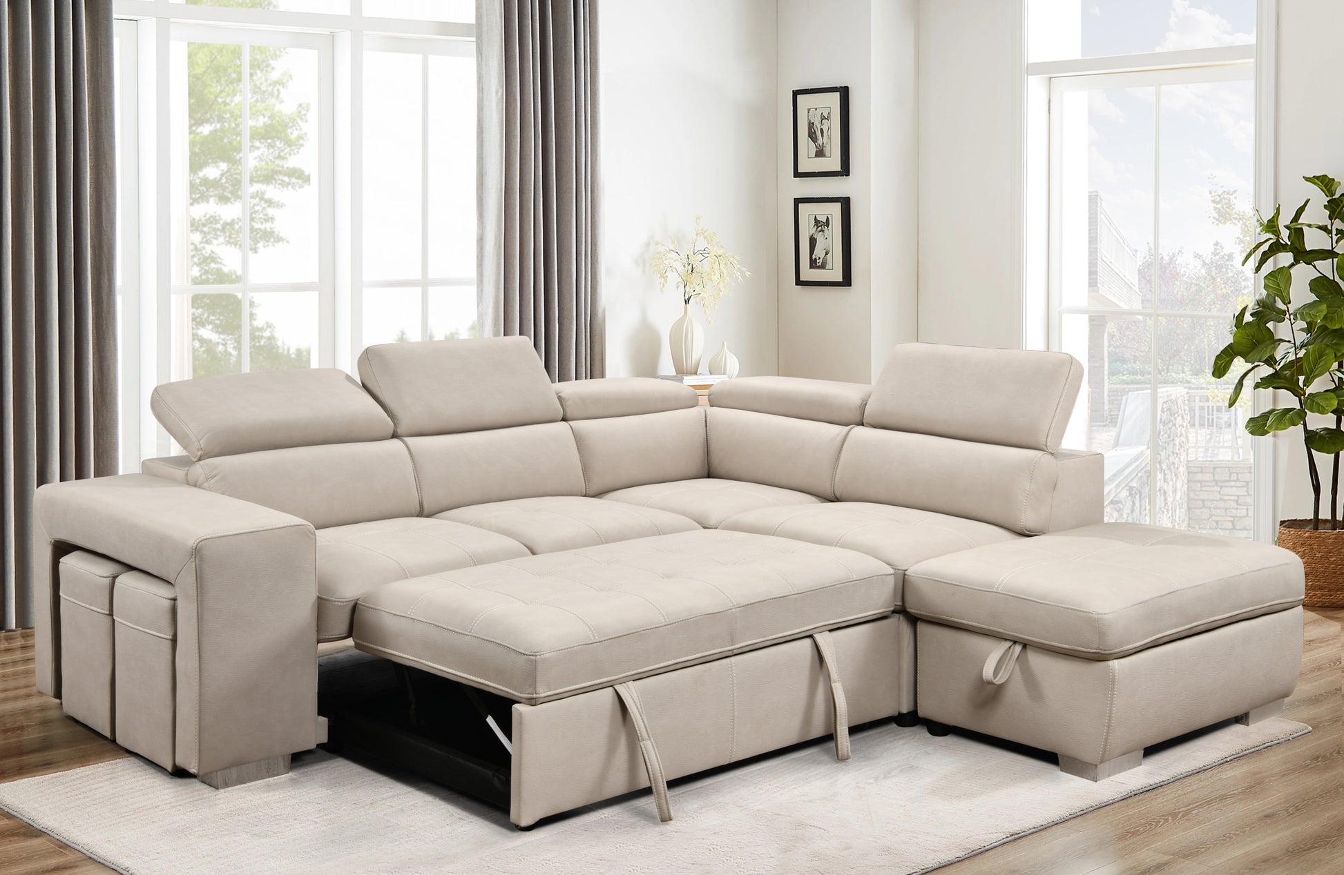 105" Sectional Sofa With Adjustable Headrest ,Sleeper Sectional Pull Out Couch Bed With Storage Ottoman And 2 Stools,Beige Light Brown Wood Primary Living Space Heavy Duty Eucalyptus 5 Seat Beige Microfiber Soft Cushion Back Modern Square Arms Foam