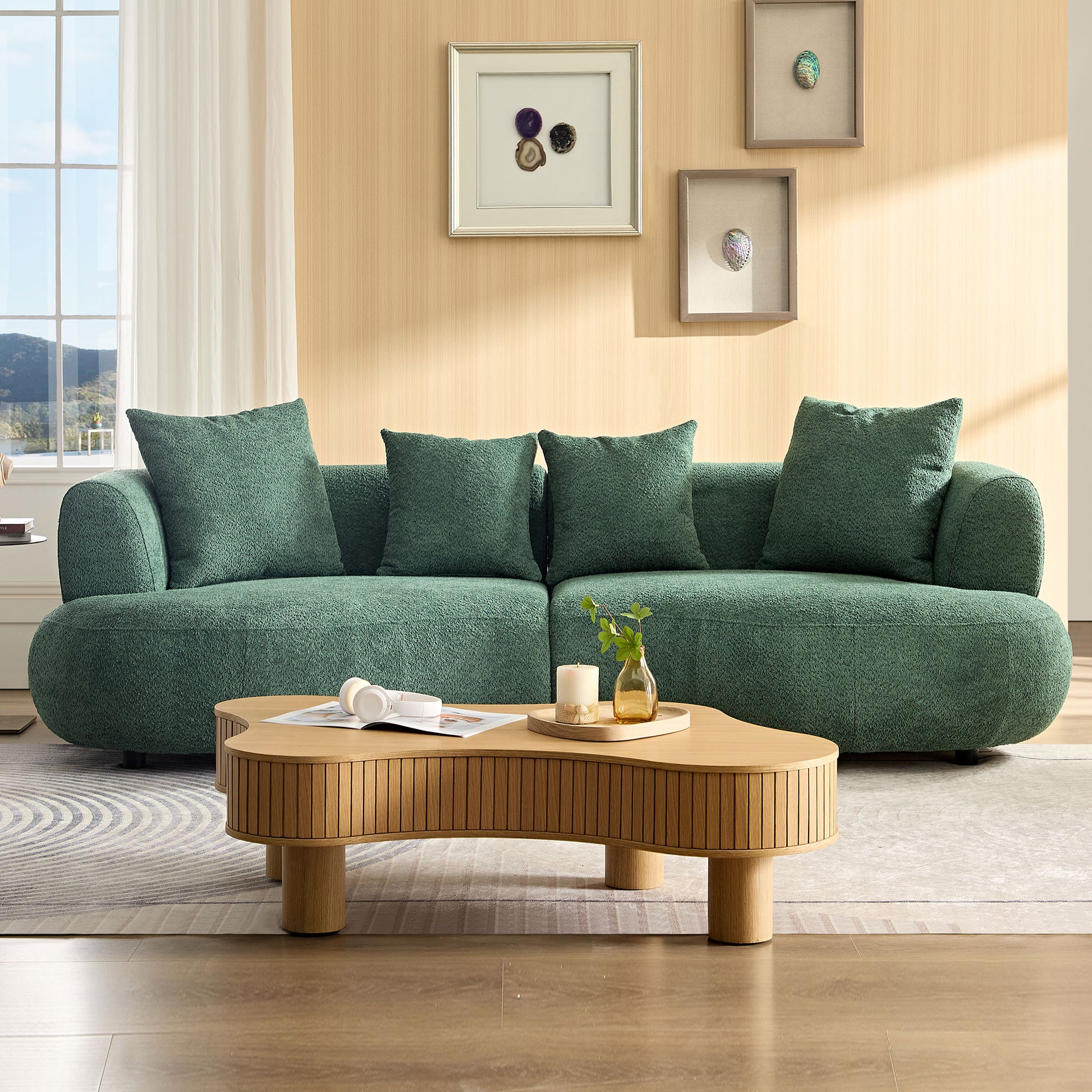 102.36 Inch Mid Century Modern Sectional Curved Sofa Couch, Comfy Sofa For Living Room,Upholstered 4 Seat Sofa Boucle Fabric Cream Style Couch For Apartment,Green Green Boucle 4 Seat