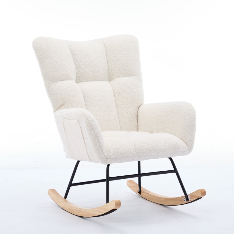 Modern Nursery Rocking Chair Upholstered Glider Chair With High Backrest Rocker Accent Armchair With Solid Wood Legs For Nursery Bedroom Living Room Teddy White White Teddy