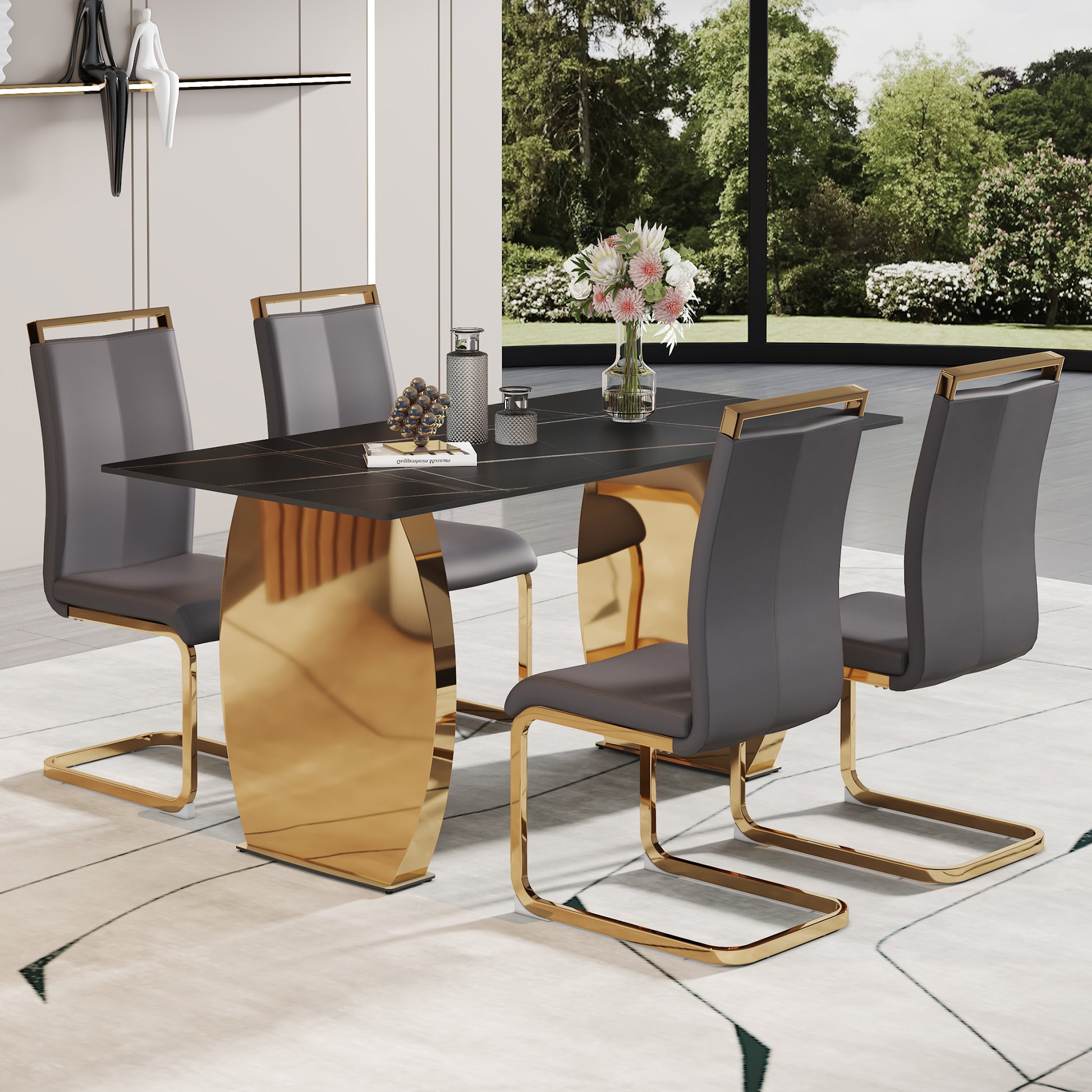 Table And Chair Set,Modern Rectangular Table With 0.4 Inch Black Patterned Tabletop And Gold Legs, Suitable For Kitchen, Dining Room, And Living Roomcomfortable Pu Seats,Perfect For Dinner, Meet Grey Black Seats 4 Sintered Stone