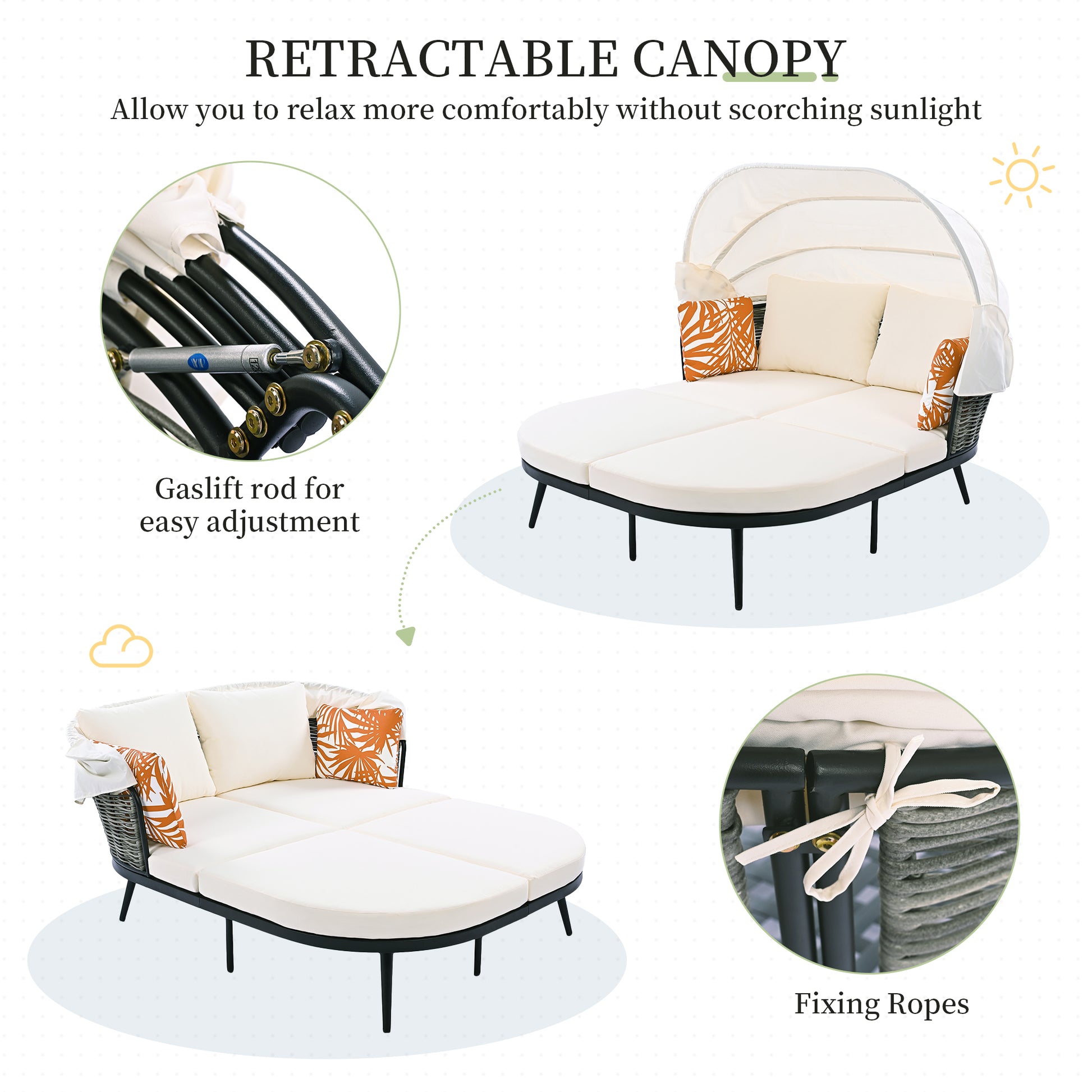 74.8" L Patio Daybed With Retractable Canopy, Outdoor Rattan Pe Wicker Back Loveseat Sofa Set With Throw Pillows And Cushions For Backyard, Poolside, Garden, Beige Yes Lounge Beige Weather Resistant Frame Water Resistant Cushion Garden & Outdoor Complete