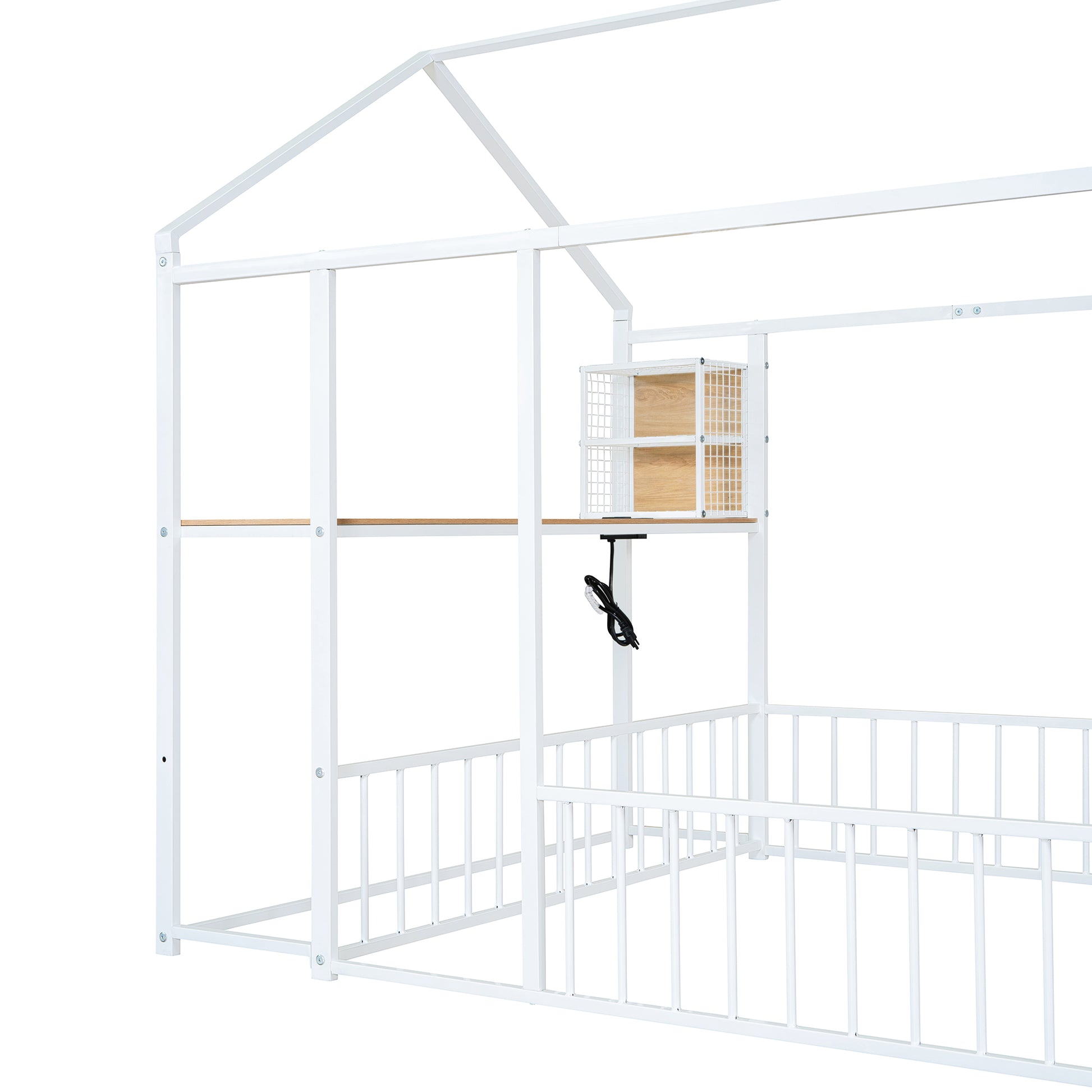 Full Size Metal Bed House Bed Frame With Desk, Shelves, Power Outlets And Usb Ports, White Full White Metal