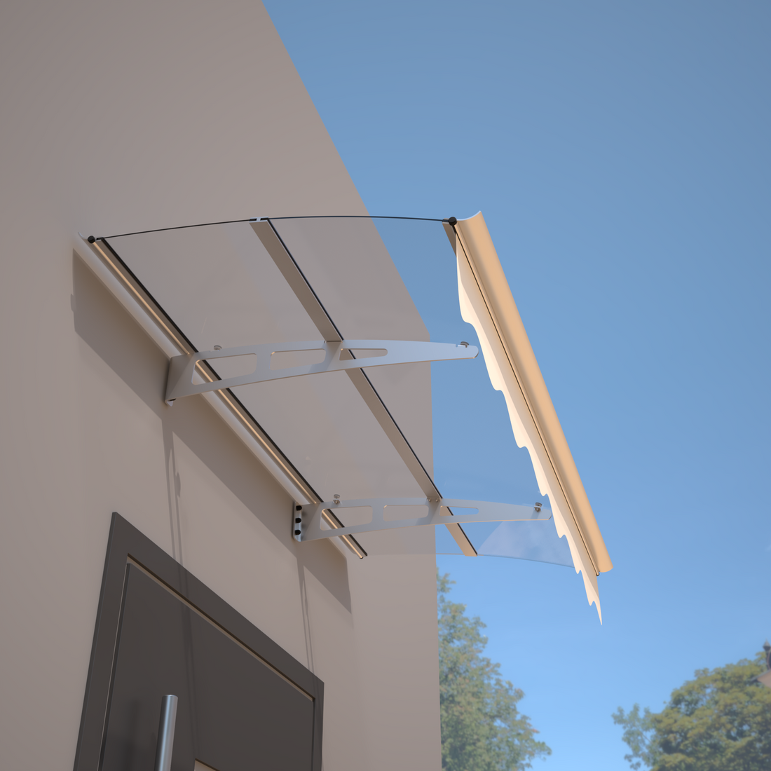 Da5934C Series Door Window Awning Canopy Made Of 0.137Inch Thick Crystal Solid Polycarbonate Sheet And Aluminum Alloy With Valance In Size Of 59" Wide X 34" Deep For Masonry Concrete Wall House Only. Silver Clear Square No Foundation Needed Garden &