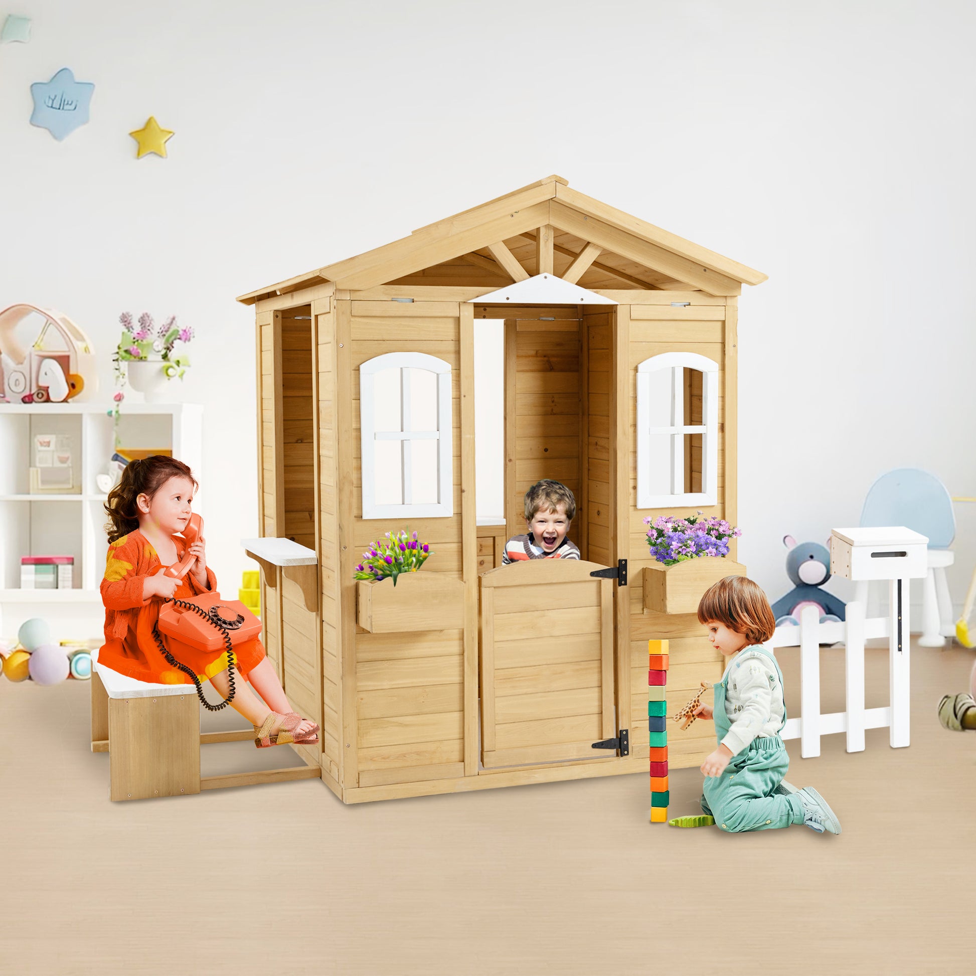 Wooden Playhouse For Kids Outdoor With Working Door, Windows, Mailbox, Bench, Flowers Pot Holder, 39" X 38" X 55.5" Natural Solid Wood