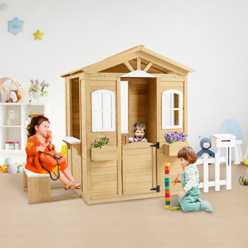 Wooden Playhouse For Kids Outdoor With Working Door, Windows, Mailbox, Bench, Flowers Pot Holder, 39" X 38" X 55.5" Natural Solid Wood
