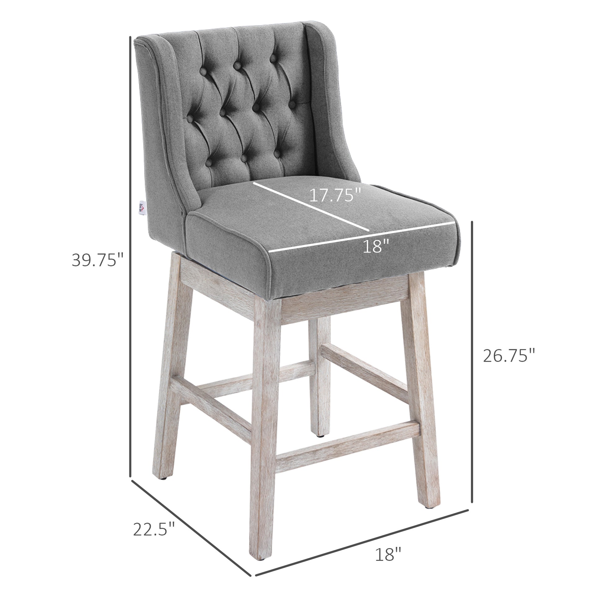 Homcom Counter Height Bar Stools Set Of 2, 180 Degree Swivel Barstools, 27" Seat Height Bar Chairs With Solid Wood Footrests And Button Tufted Design, Gray Gray Rubber Wood