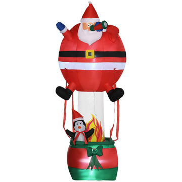 Outsunny 8Ft Christmas Inflatables Outdoor Decorations Santa Claus Hot Air Balloon With Penguin, Blow Up Led Yard Christmas Decor For Lawn Garden Party Red Polyester