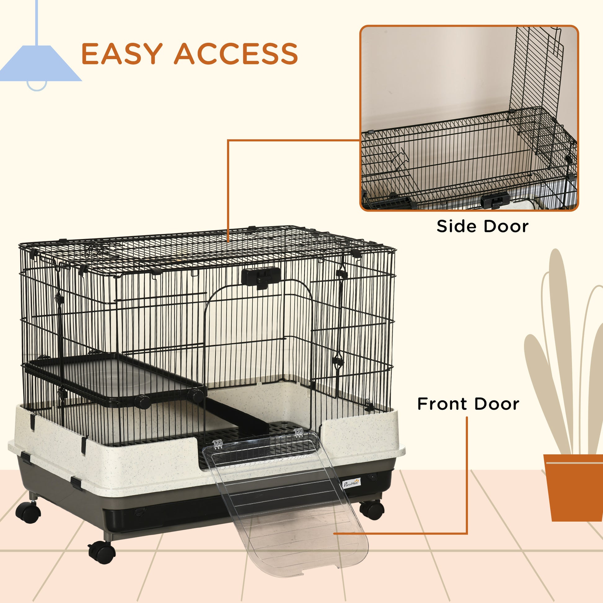 Pawhut 26" Small Animal Cage With Wheels, 2 Level Portable Bunny Cage, Chinchilla Ferret Cage With Removable Tray, Platform And Ramp White Black Iron Plastic