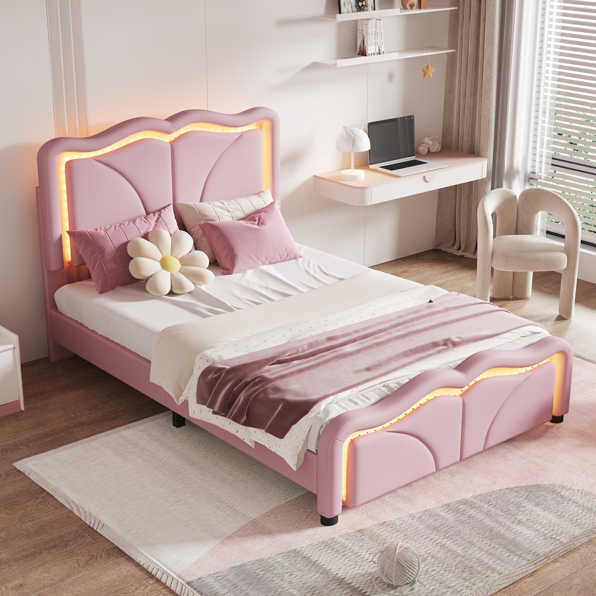 Twin Size Upholstered Platform Bed With Curve Shaped And Height Adjustbale Headboard,Led Light Strips,Pink Twin Pink Upholstered