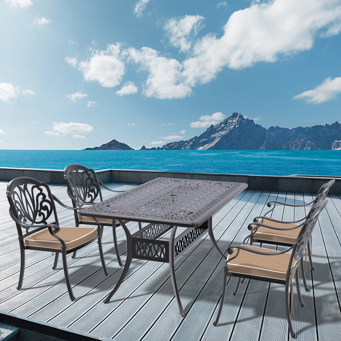 Cushions In Random Colors 5 Piece Set Of Cast Aluminum Patio Furniture With Cushions Yes Dining Set Black Seats 4 Rust Resistant Frame Water Resistant Cushion Garden & Outdoor Complete Patio Sets Aluminium