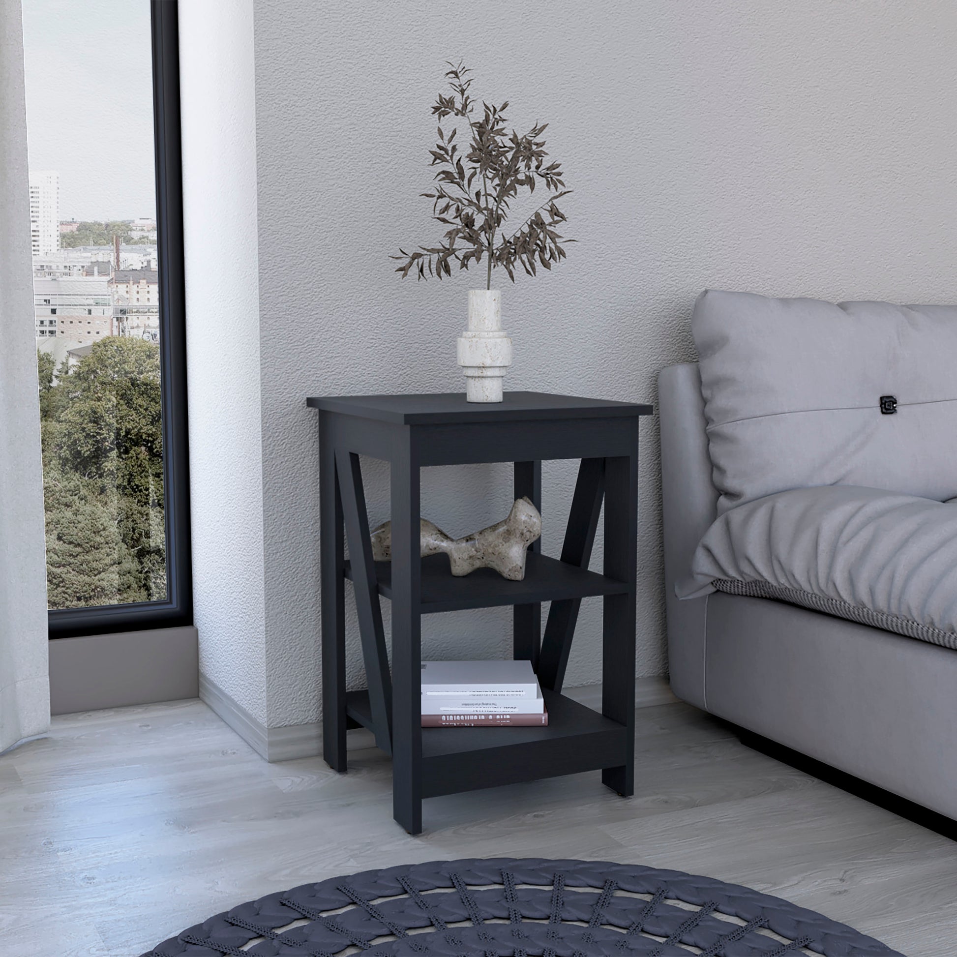 3 Tier End Table Nightstand, Side Table For Small Space, Black Black Solid Wood Mdf Engineered Wood