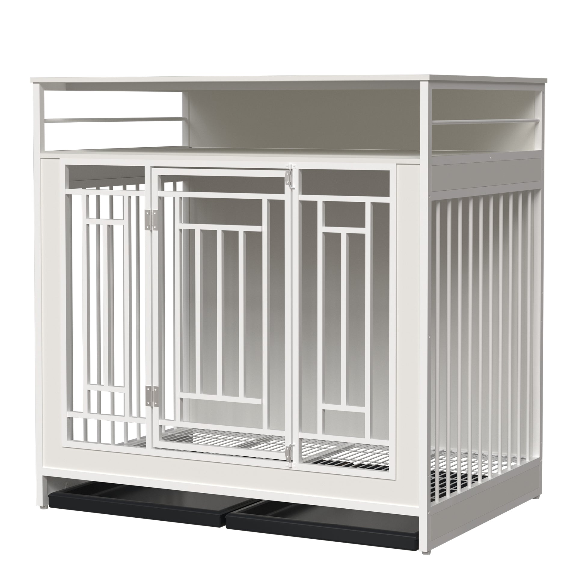 43.3 Inch Dog Crate Furniture For Large Dogs,Wooden Dog Crate With Divider,Double Door Dog Kennel With Three Drawers Storages,Heavy Duty Dogs Decorative Pet House For Large Medium Dogs ,White White