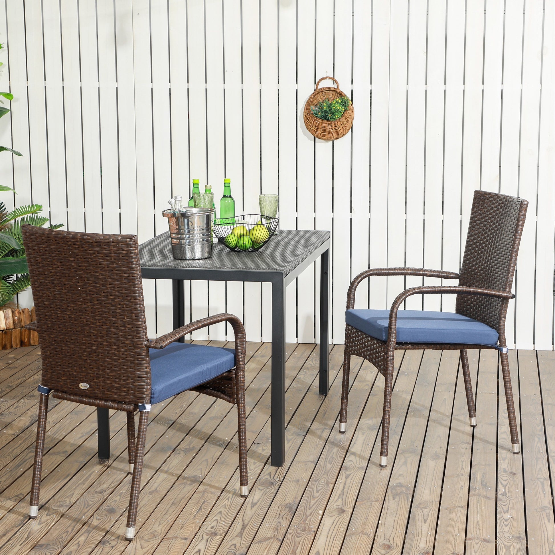 Outsunny Stackable Pe Rattan Outdoor Dining Chairs With Cushions, Set Of 2 Patio Wicker Dining Chairs With Armrests And Backrest For Patio, Deck, Cream White Blue Steel
