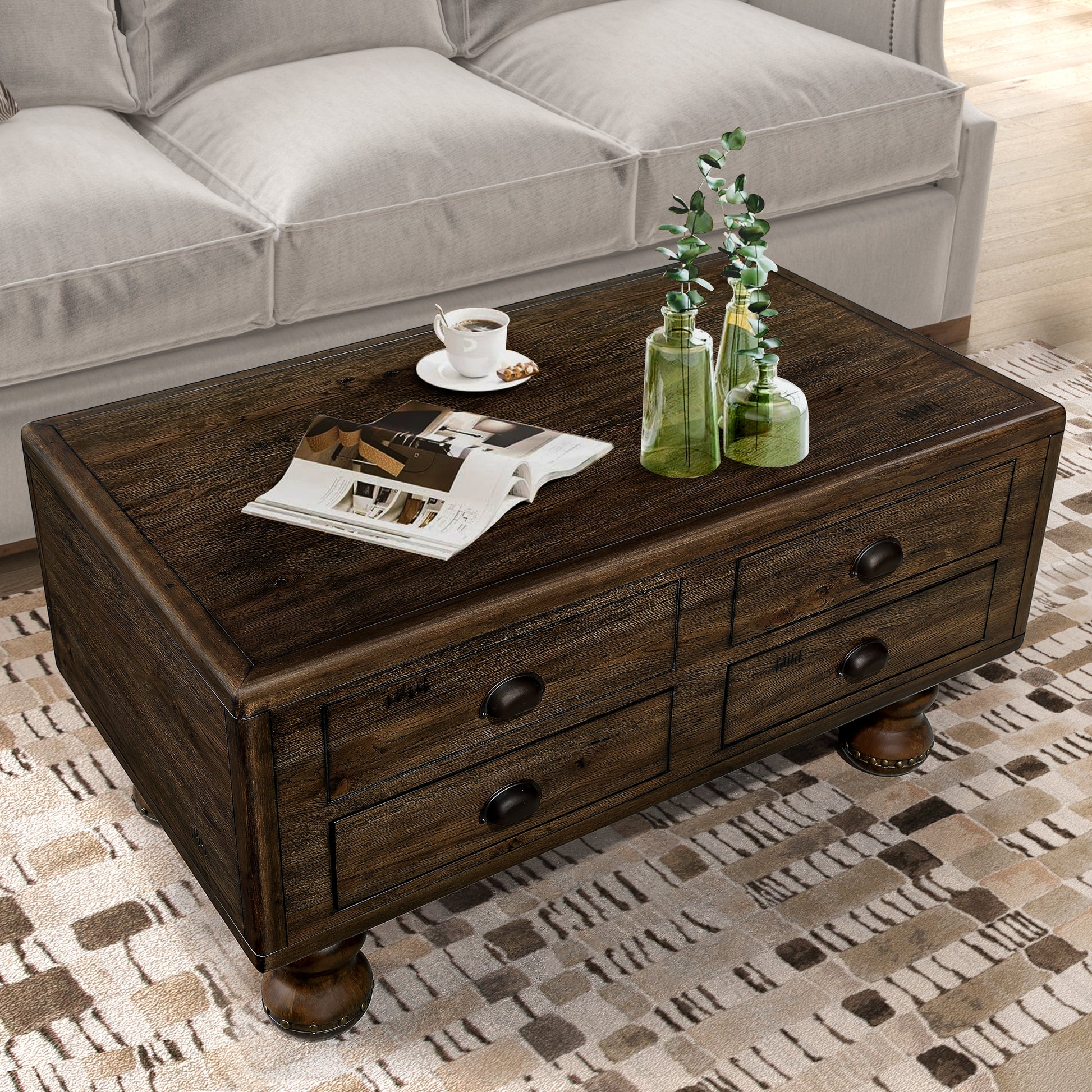 Rectangle Living Room Coffee Table Set, 3 Piece Solid Wood Living Room Table Set, 1 Coffee Table And 2 End Table, Wood Center Table Tea Table Set With Rivet Decoration Legs.Easy Assembly, Espresso Espresso Pine