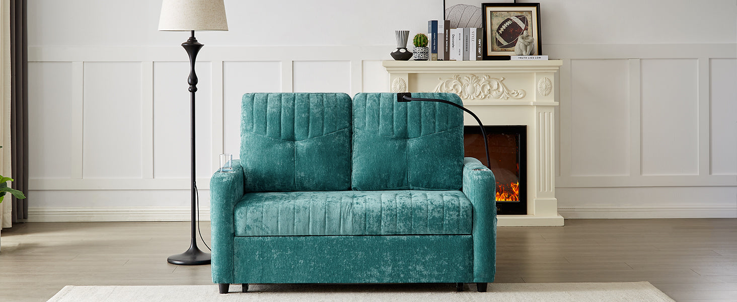 53.9" Modern Loveseat Pull Out Sofa Bed With Adjustable Backrest, Two Cup Holdersa Phone Holder, Three Charging Ports And Side Storage Pockets For Living Room, Teal Teal Foam Chenille