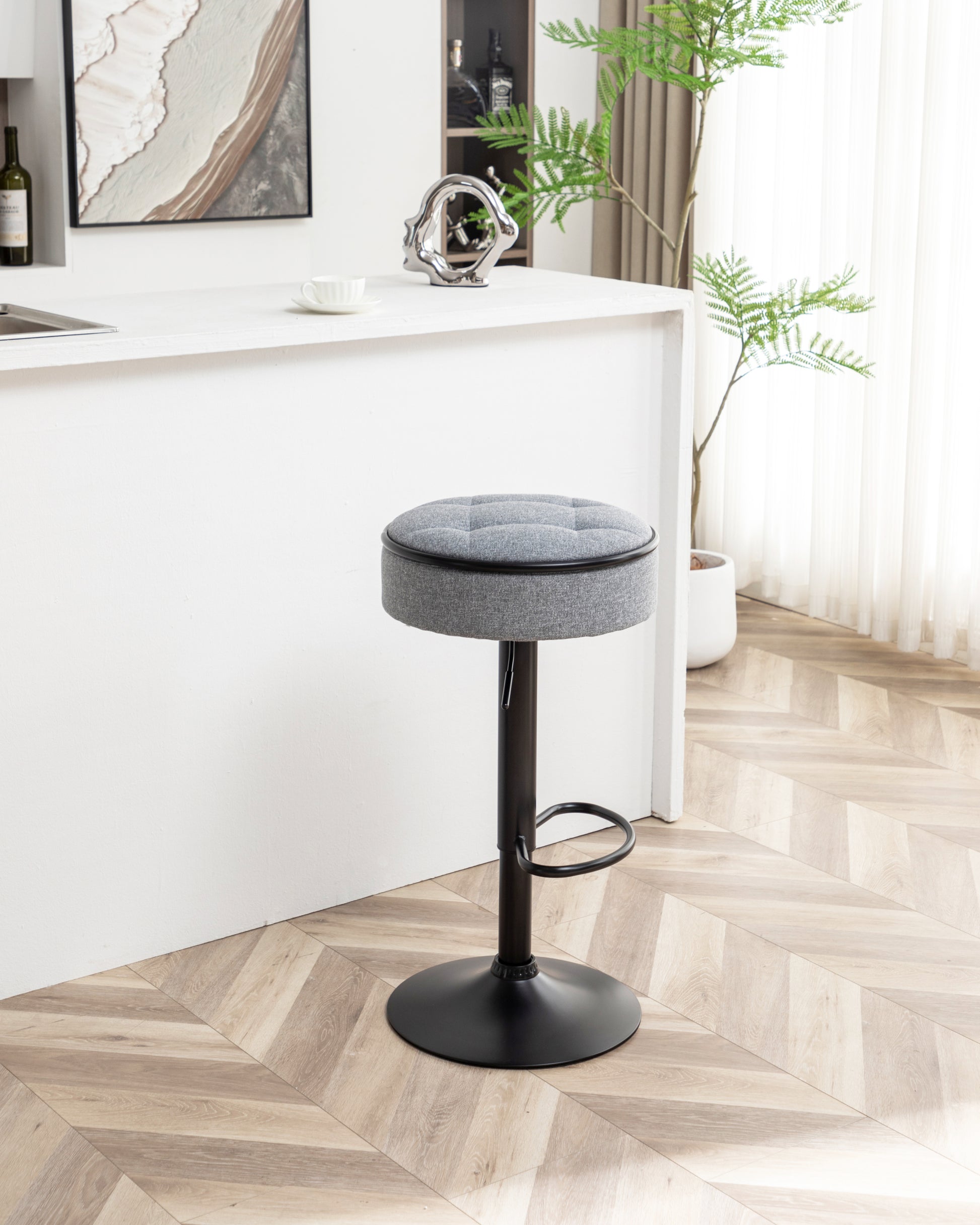 Round Storage Bar Stool Set Of 2, Grey Linen Height Adjustable Barstool, 360 Counter Height Swivel Stool, Armless Bar Chair With Metal Frame For Kitchen Counter Dining Living Room Grey Set Of 2 Foam Linen
