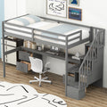 Twin Size Loft Bed Frame With Built In Desk And Double Storage Drawers,Gray Twin Gray Solid Wood Mdf