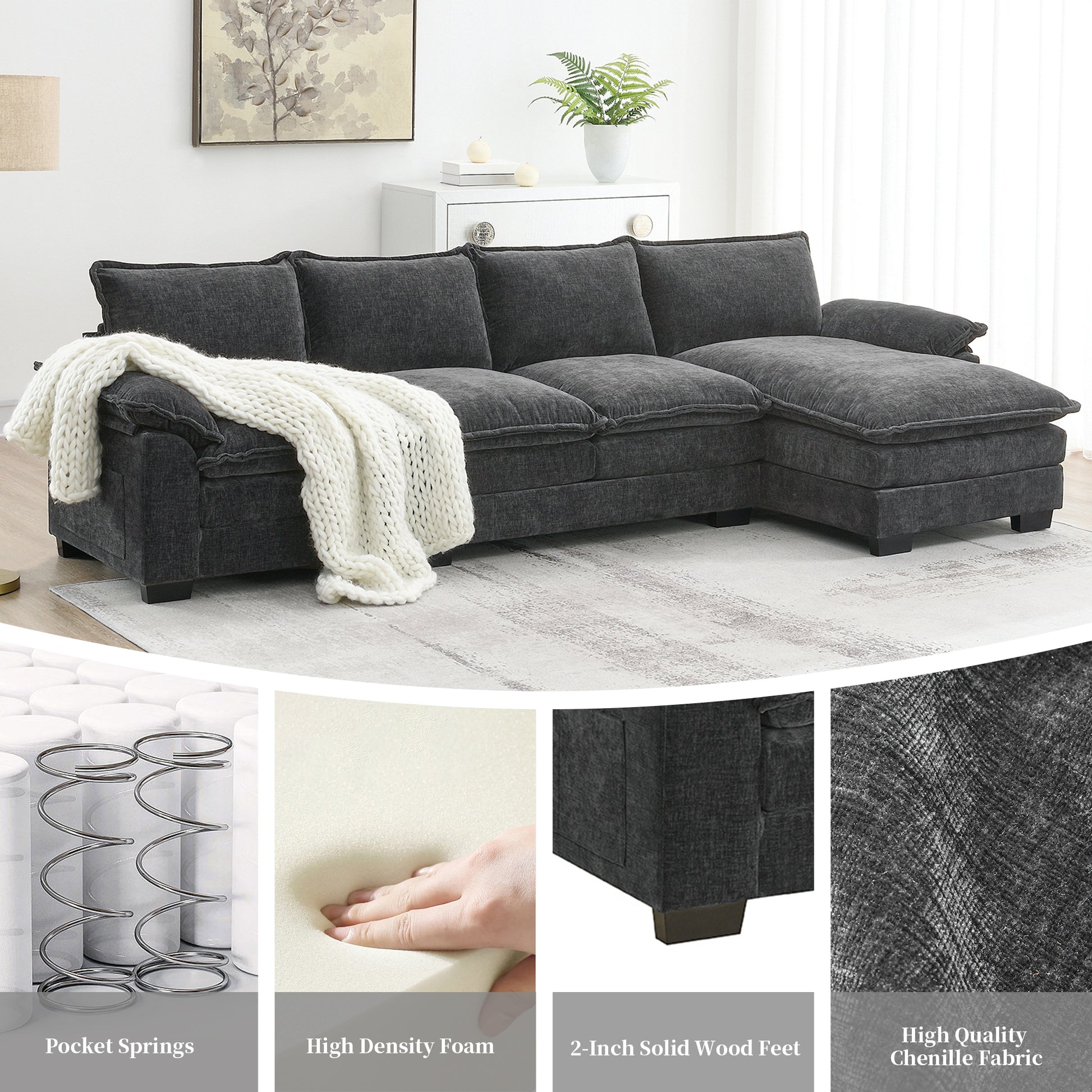 118*55" Modern L Shaped Chenille Cloud Sofa With Double Seat Cushions,5 Seat Upholstered Indoor Furniture,Sleeper Sofa Couch With Chaise Lounge For Living Room,Apartment,4 Colors Gray Chenille 5 Seat