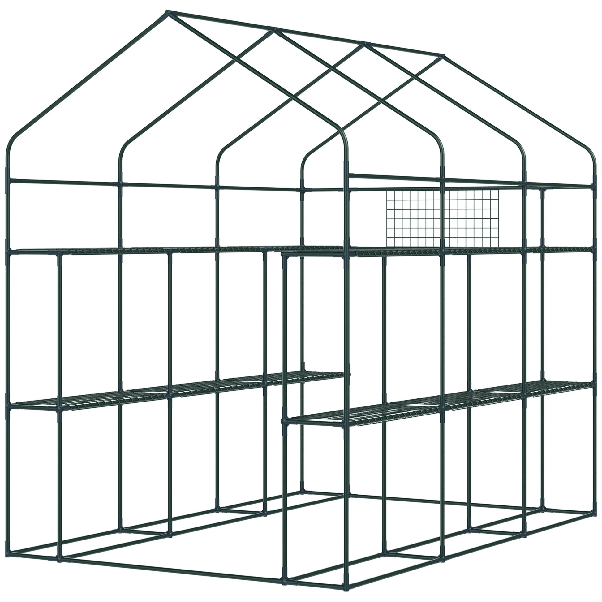 Outsunny 7' X 5' X 6' Walk In Greenhouse With Mesh Door And Windows, 18 Shelf Hot House With Trellis, Plant Labels, Uv Protective For Growing Flowers, Herbs, Vegetables, Saplings, Green Green Steel