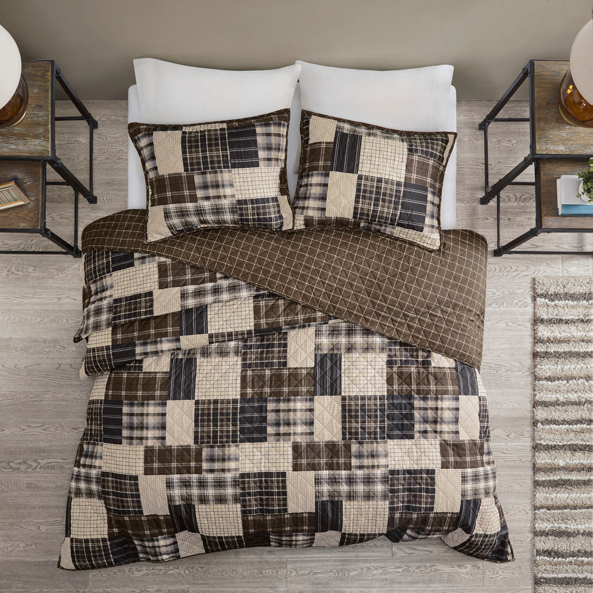 3 Piece Reversible Printed Quilt Set Black Brown King Cal King Black Brown Microfiber