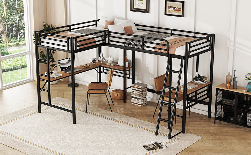 Twin Size Metal Loft Bed With Two Built In Desks,Black Twin Black Metal