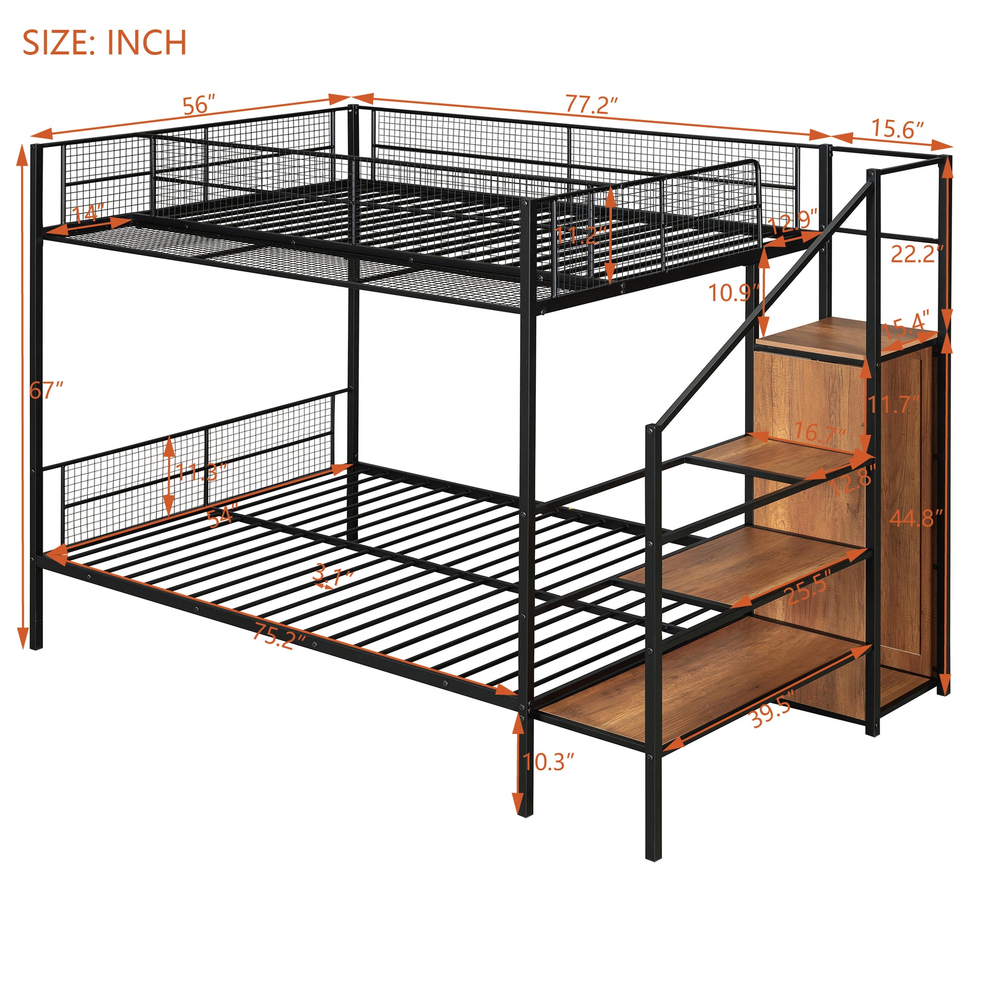 Twin Over Full Metal Bunk Bed With Wire Shelving And Lateral Storage Ladder And Wardrobe, Black Black Metal