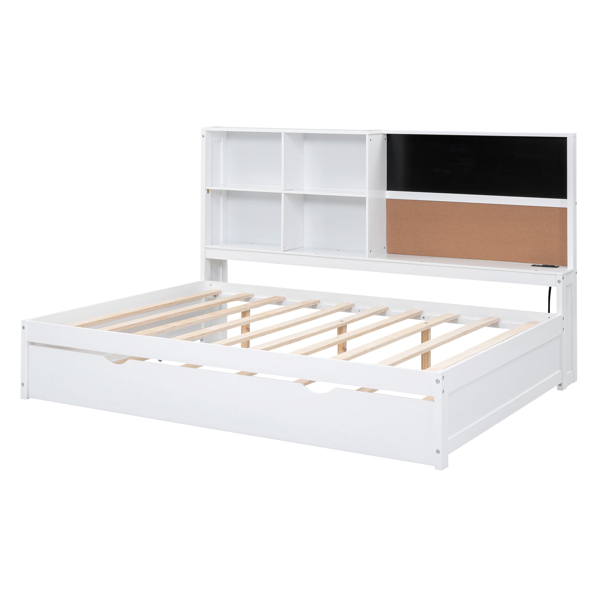 Full Size Daybed With Storage Shelves, Blackboard, Cork Board, Usb Ports And Twin Size Trundle, White Box Spring Not Required Full White Wood Pine Daybeds Solid Wood Mdf