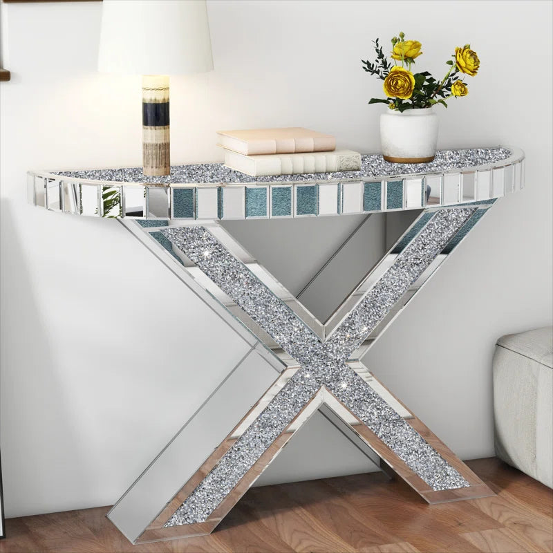 Modern Tall Console Table Mirrored Furniture Diamond Crushed Glass Mirror Tabletop Mirrored Console Table Vanity Table Silver Primary Living Space Art Deco,Modern Console Tables Mdf Glass