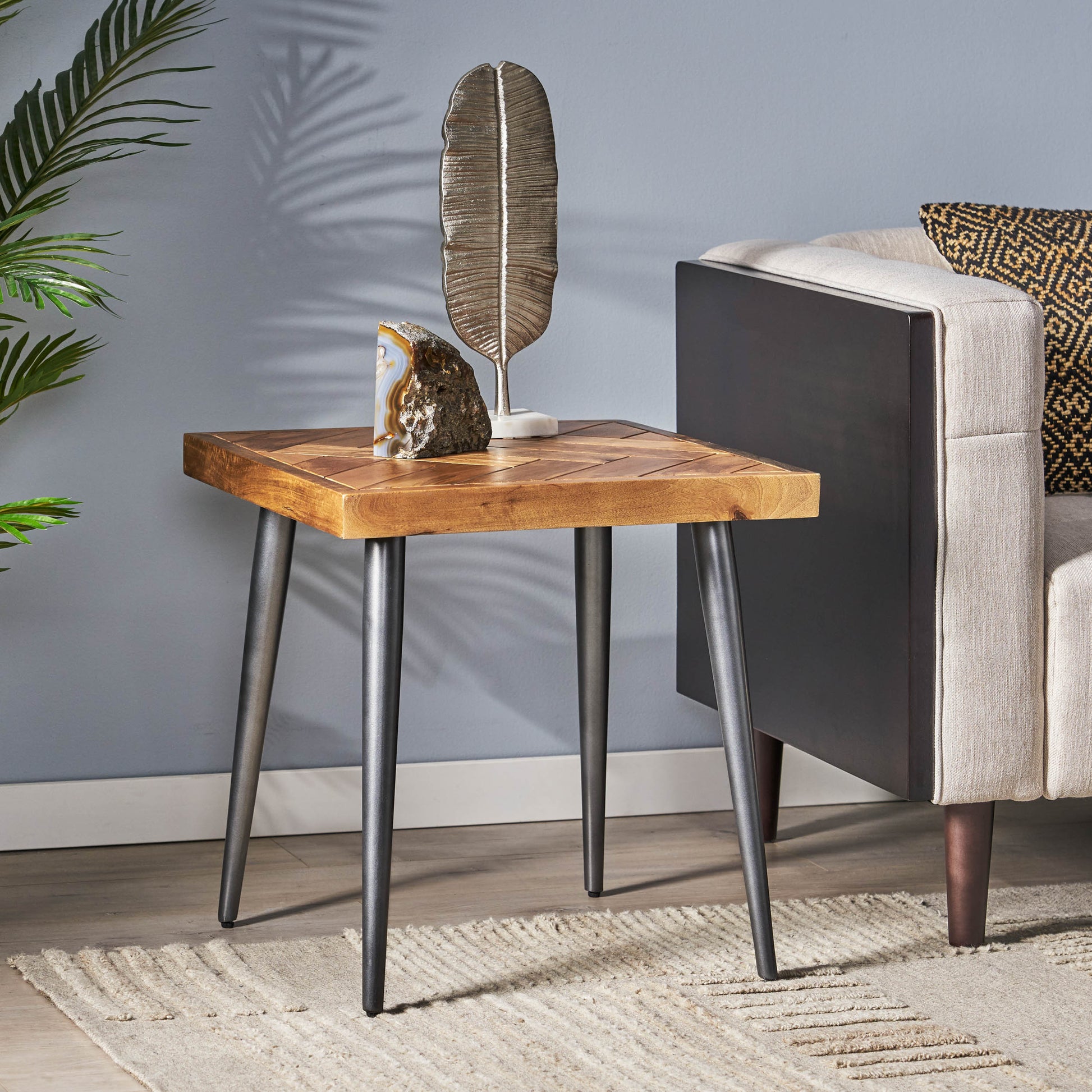 Parquet Side Table Honey Wood Metal