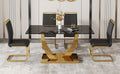 Table And Chair Set.Modern Rectangular Dining Table With Black Textured Stickers Glass Tabletop And Gold Plated Metal Legs.Paried With 4 Comfortable Chairs With Pu Seats And Golden Metal Legs. Black Gold Seats 4 Glass Metal
