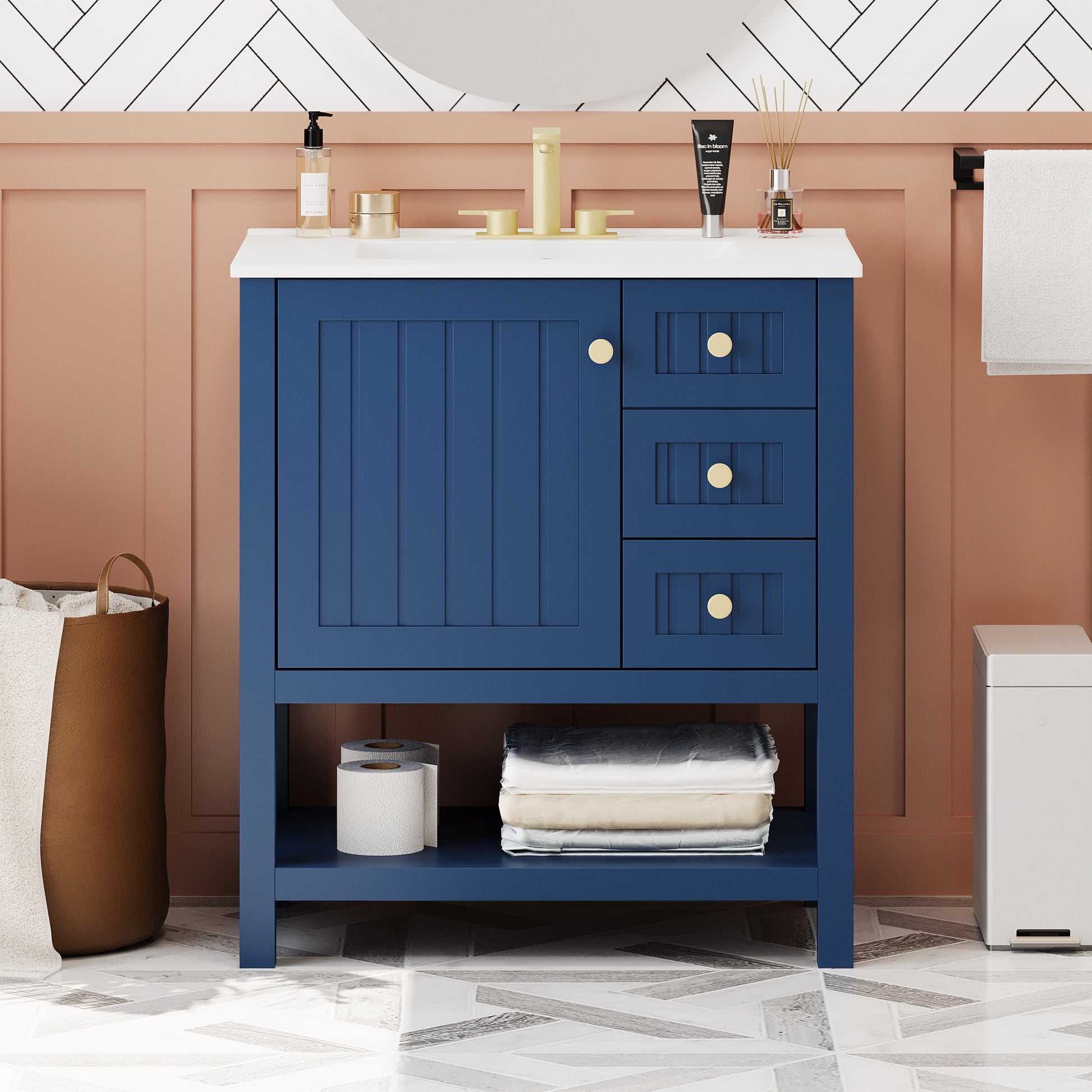 30Inch Transitional Style Bathroom Vanity Cabinet Combo With Ceramic Sink Blue Bathroom Solid Wood Mdf