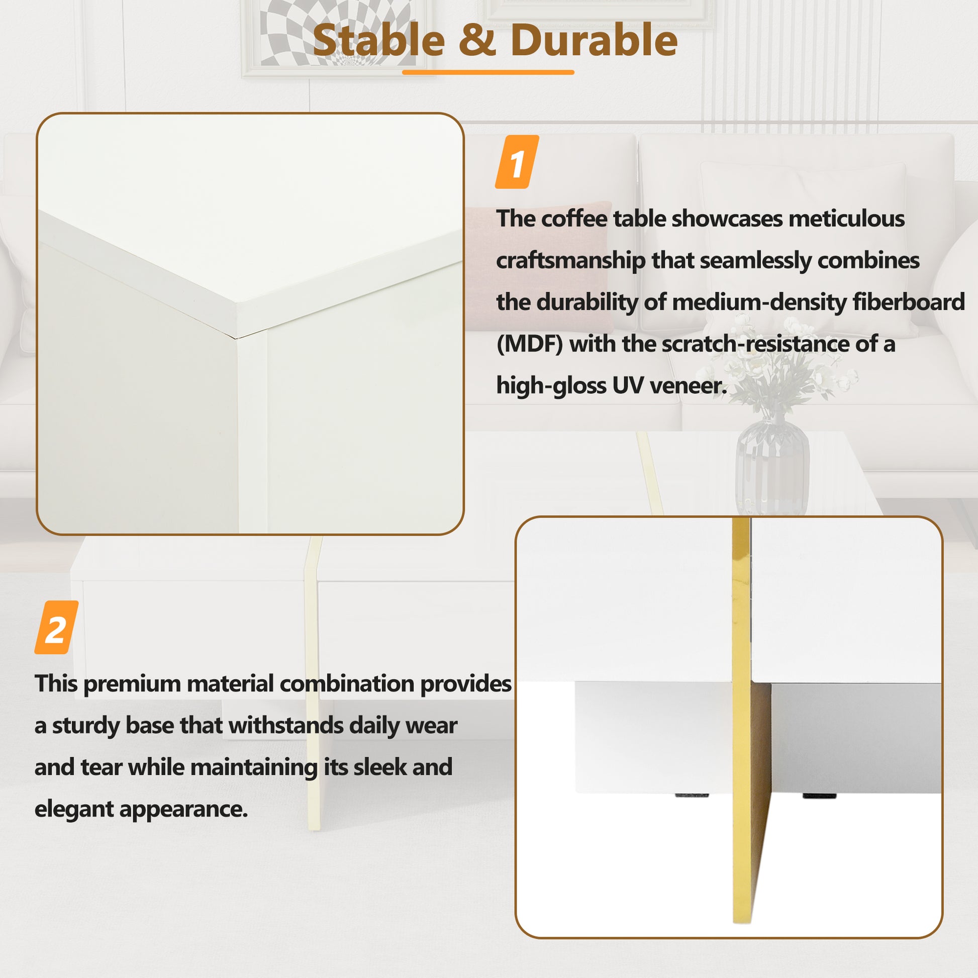 47.2'' X 31.4''Minimalist High Gloss Coffee Table With 2 Drawers, Multi Storage Rectangle Sofa Table With Golden Wood Grain Legs, Modern Center Table For Living Room, White White Particle Board Mdf