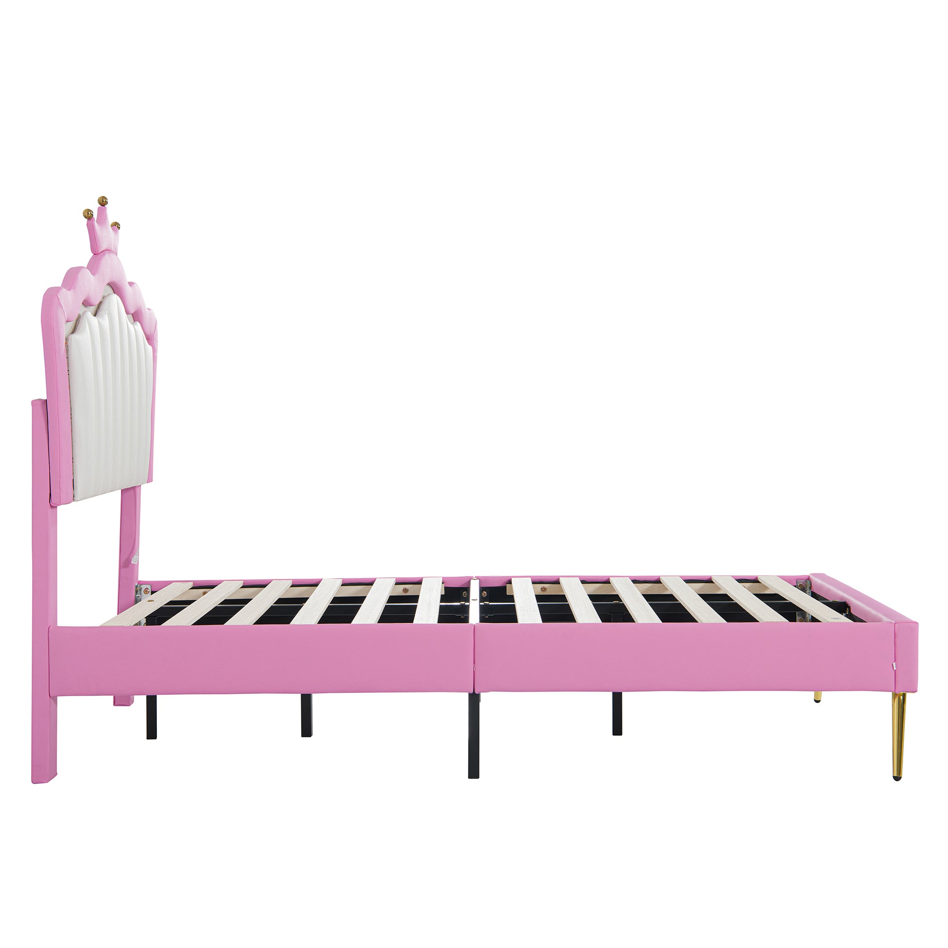 Twin Size Upholstered Bed Frame With Led Lights, Modern Upholstered Princess Bed With Crown Headboard, Pink White Box Spring Not Required Twin Pink White Wood Bedroom Modern Bed Frame Pu