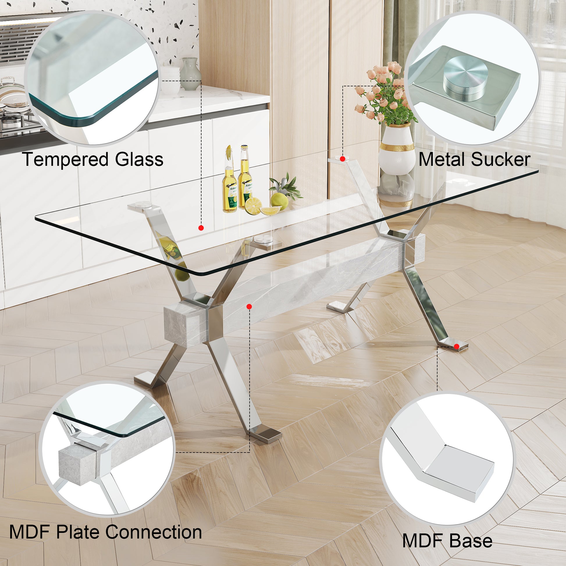 Dining Table. Modern Tempered Glass Dining Table. Large Modern Office Desk With Silver Plated Metal Legs And Mdf Crossbars, Suitable For Both Home And Office Use. Kitchen. 71 ''X35.4''X30 '' 1105 Transparent Glass