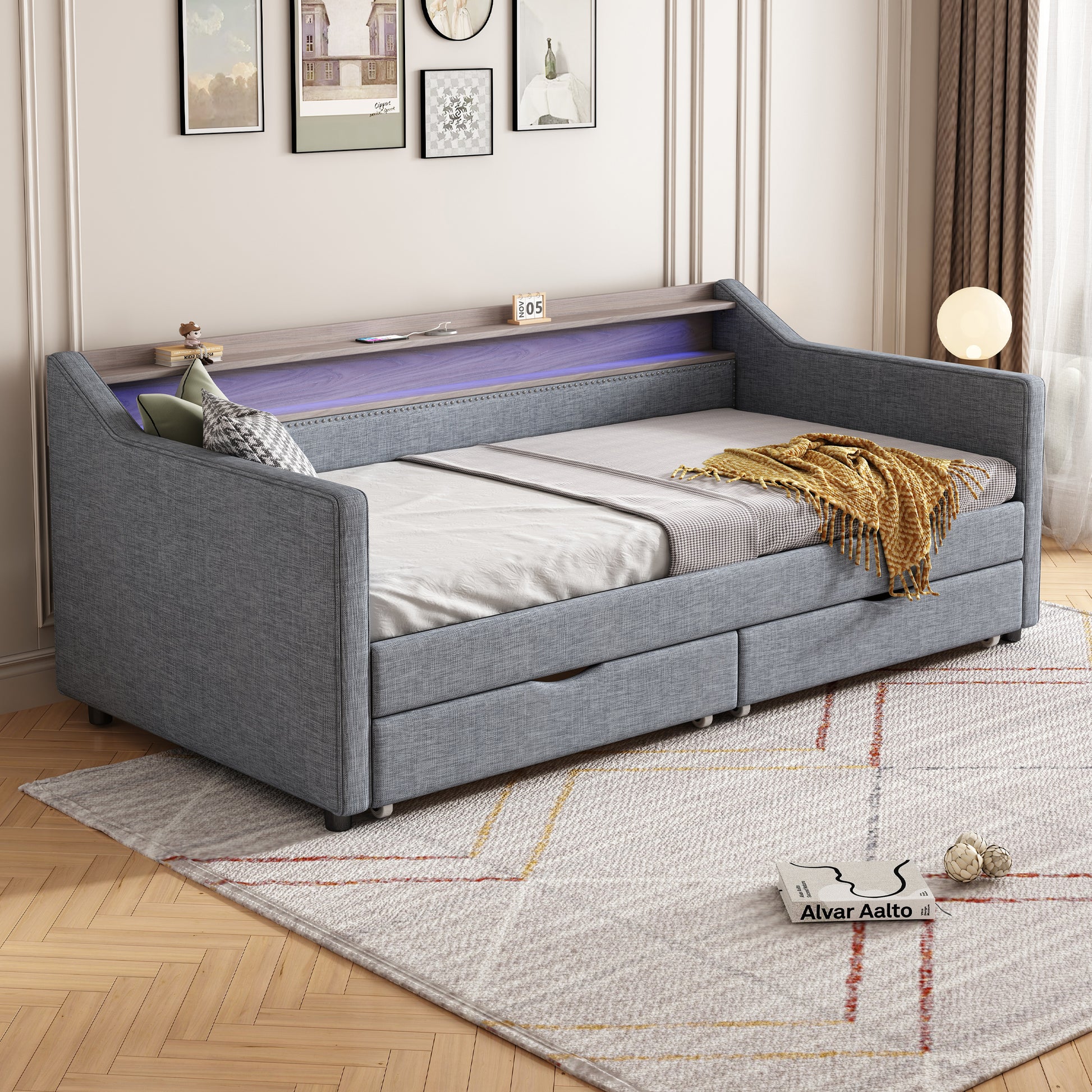 Twin Size Daybed With 2 Storage Drawers And 2 Tier Shelf & Usb Type C Port, Modern Linen Upholstered Sofa Day Bed Frame With Smart Led Light For Livingroom, Apartment,Light Grey Box Spring Not