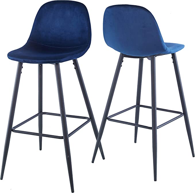 Bar Stools Set Of 2, 30 Inches Velvet Barstool Modern Counter Bar Height Chair With Back, Sturdy Metal Legs & Footrests, Easy Assembly, Island Stool For Kitchen Bar Blue Velvet