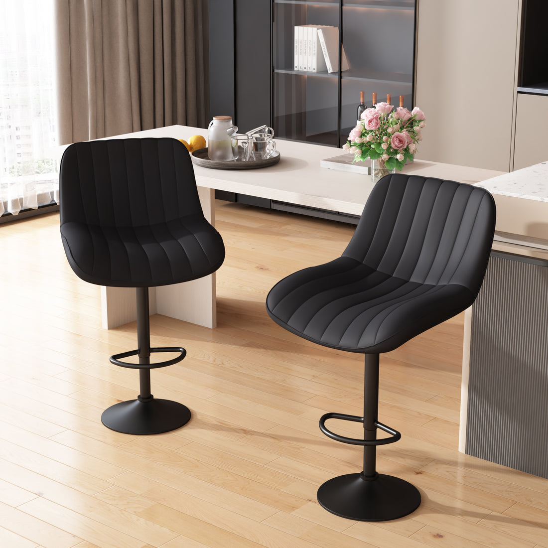 Modern Bar Stool Set Of 2, Adjustable Faux Leather Upholstered Swivel Counter Stools, Counter Height Barstools With Back For Kitchen Island Black Metal