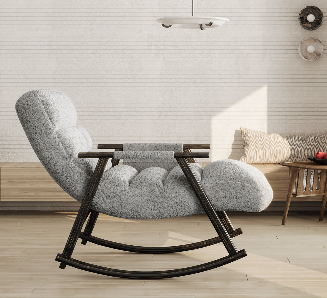 Casual Folding Rocking Chair Upholstered, Lounge Rocking Chair Adjustable High Back And Foot Rest,Side Pockets Placed In Living Room Bedroom Balcony Grey Teddy