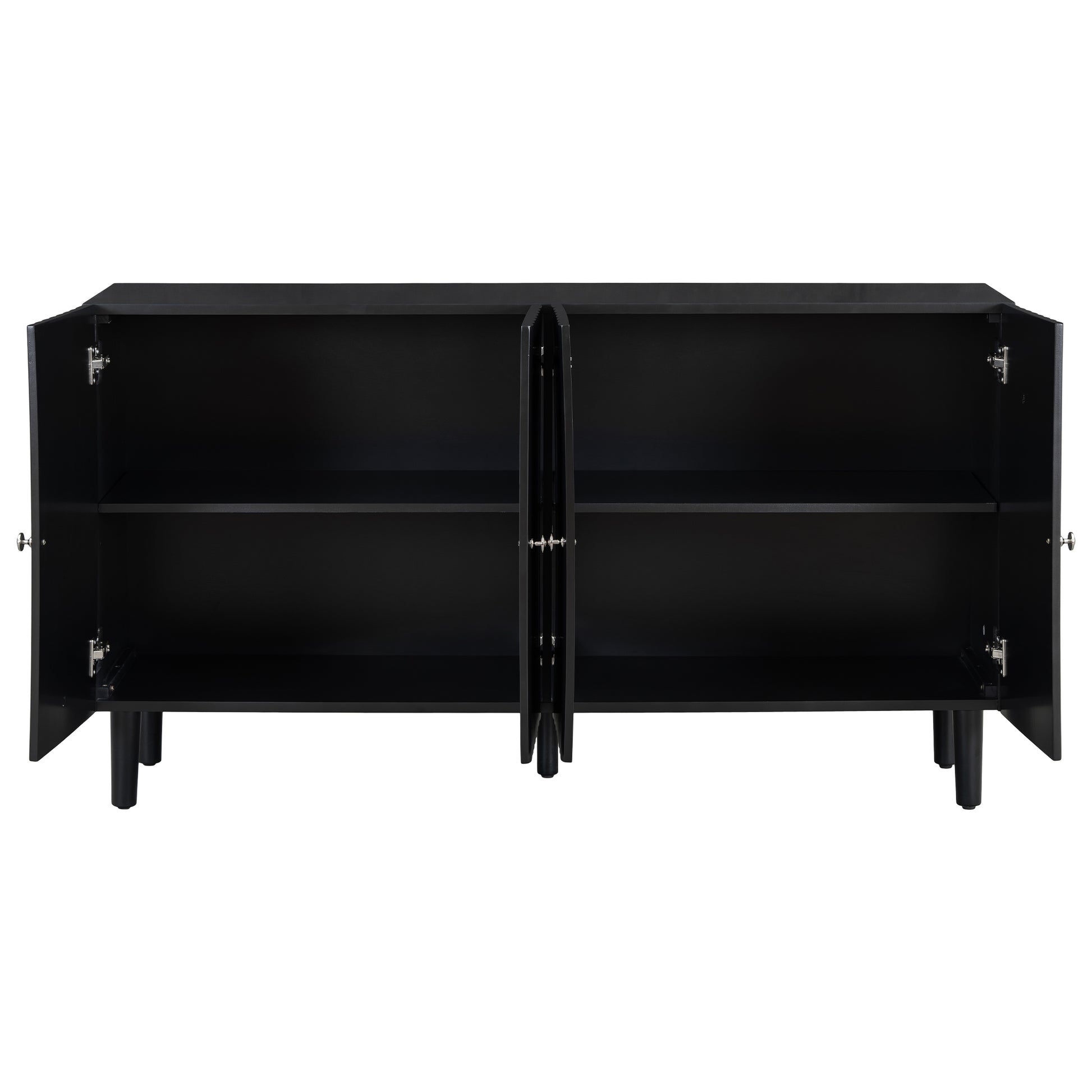 Elegant Four Door Sideboard With Wavy Pattern Doors, Cylindrical Legs, And Sleek Metal Handles, Adjustable, Suitable For Study, Entryway And Living Room Black Primary Living Space American Design