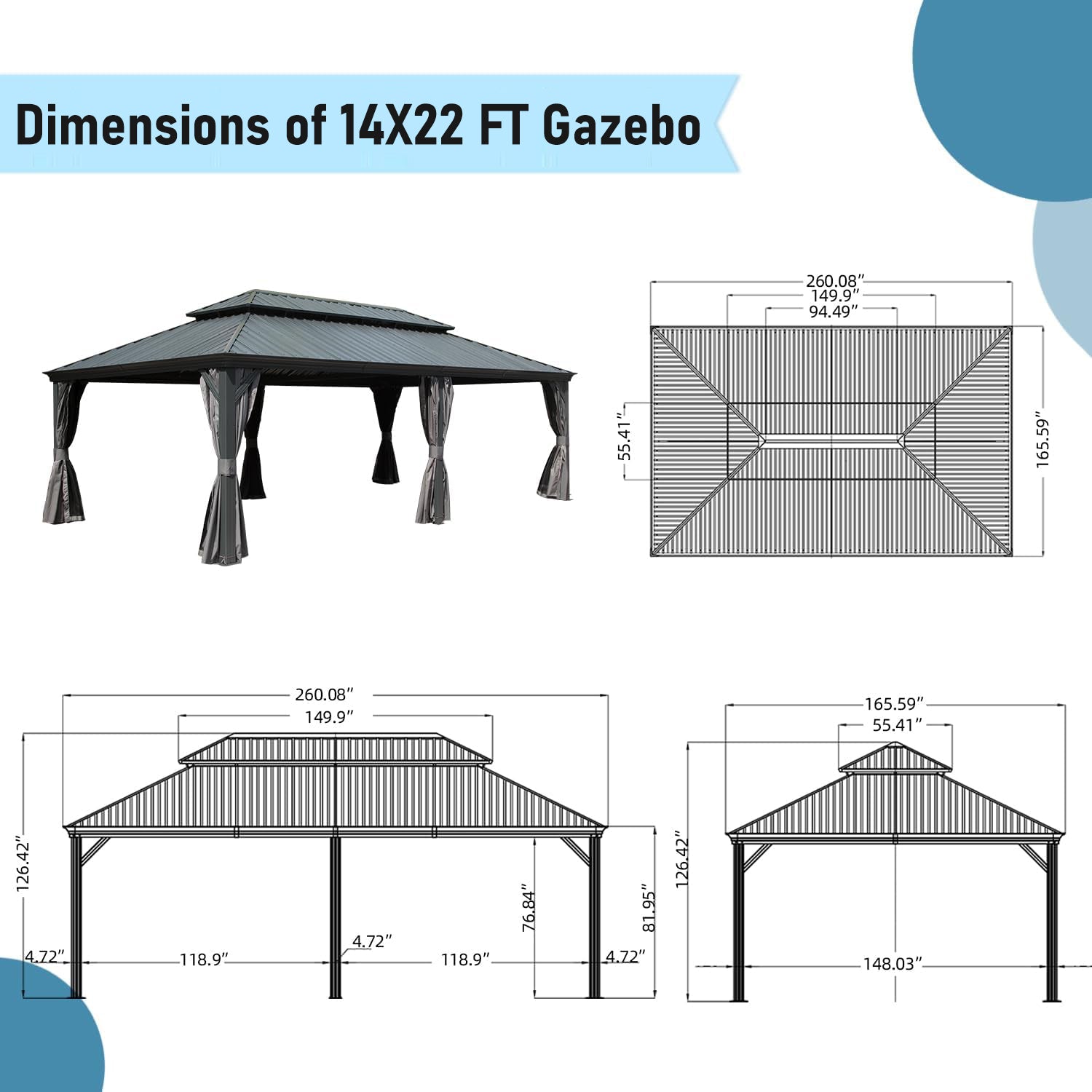 14X22Ft Hardtop Gazebo, Outdoor Gazebo With Galvanized Steel Double Roof, Aluminum Frame, Built In Gutter System, Curtain And Netting, Metal Gazebo Pavilion For Patio Deck Garden, Grey Grey Aluminum