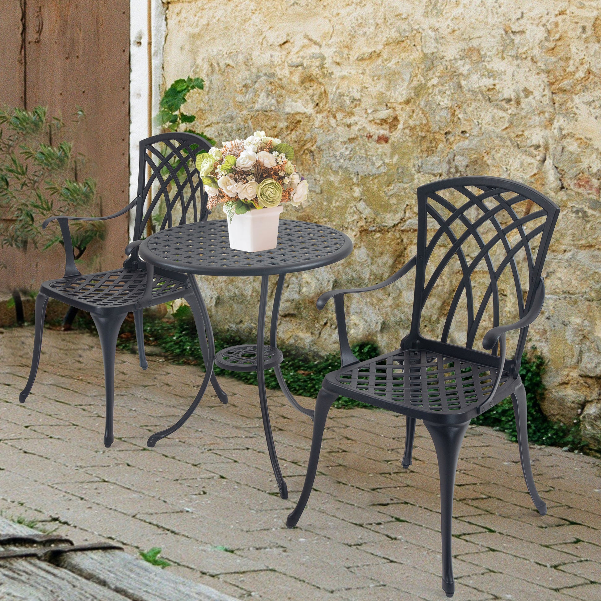 3 Piece Bistro Table Set Cast Aluminum Outdoor Patio Furniture With Umbrella Hole Patio Balcony, Black Black Aluminium