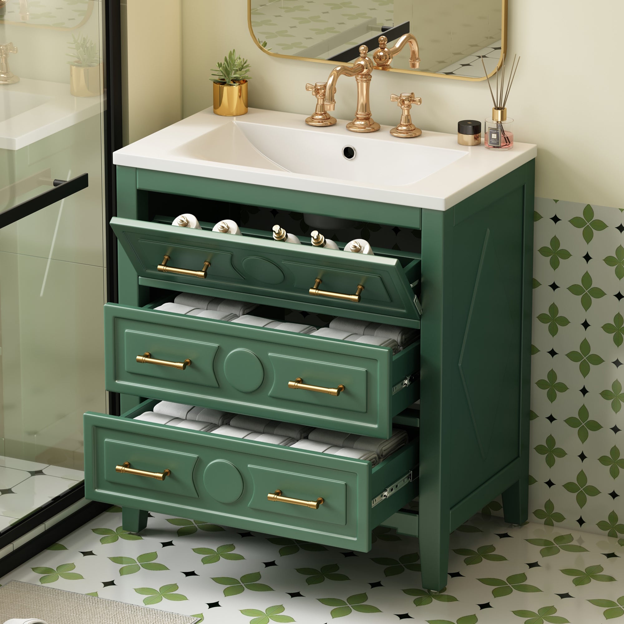 30'' Bathroom Vanity With Resin Sink Combo, Free Standing Single Vanity Set With 3 Drawers, Solid Wood Frame Bathroom Storage Cabinet, Green 3 Green Bathroom Freestanding Solid Wood Mdf Resin Painted