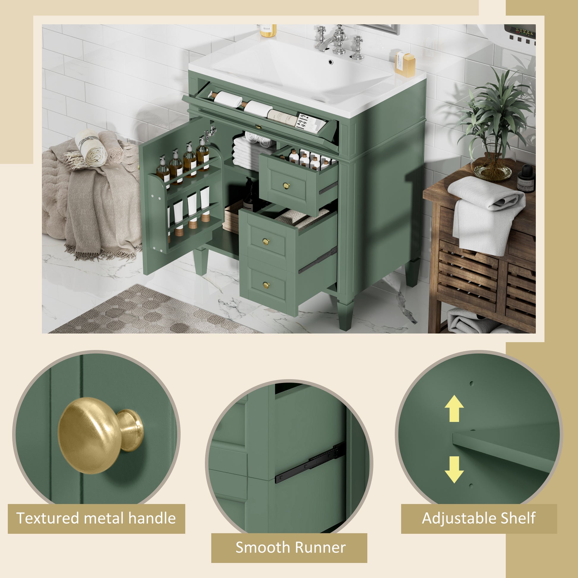 30'' Bathroom Vanity With Top Sink, Modern Bathroom Storage Cabinet With 2 Drawers And A Tip Out Drawer, Single Sink Bathroom Vanity 3 Green 1 2 Bathroom Freestanding Solid Wood Mdf Resin Painted