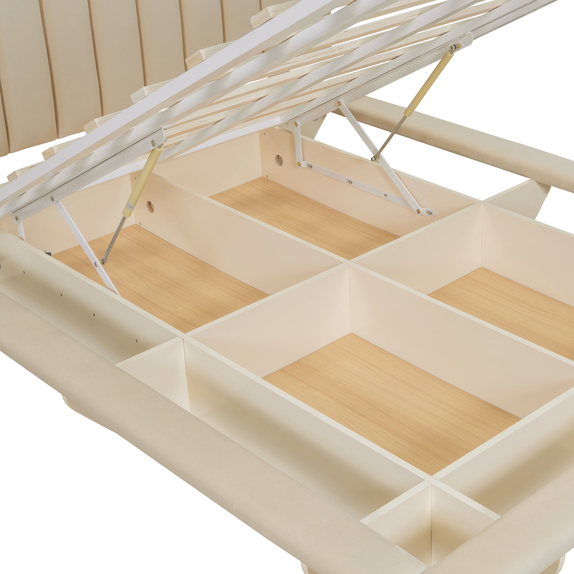 Queen Size Upholstered Floating Bed With Led Light And Usb Port, Velvet, Beige, Hydrualic Platform Bed Queen Beige Velvet