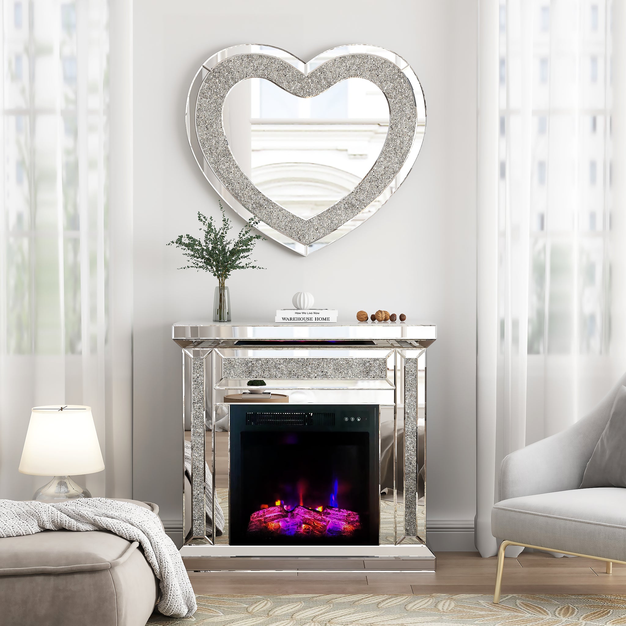 Mirrored Mantel Freestanding Electric Fireplace Heater Corner Firebox W 3D Realistic Flame Effect Mirrored Color Changing Electric Fireplace W Remote Control Silver Silver 400 Primary Living Space