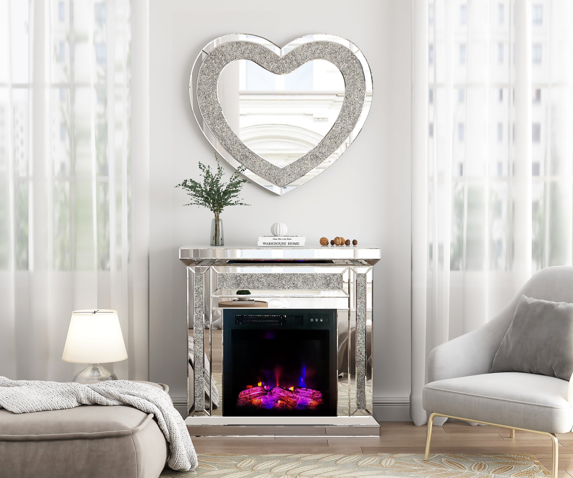 Mirrored Mantel Freestanding Electric Fireplace Heater Corner Firebox W 3D Realistic Flame Effect Mirrored Color Changing Electric Fireplace W Remote Control Silver Silver 400 Primary Living Space