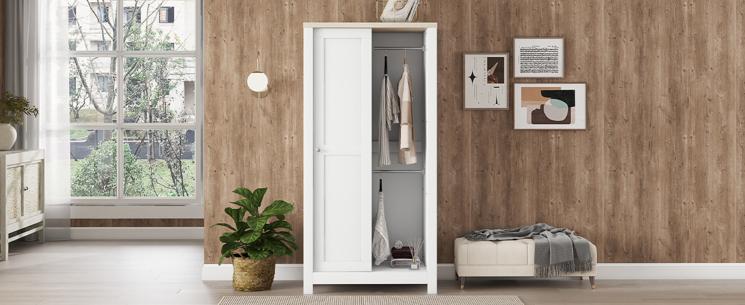 Bedroom Storage Wardrobe With Hanging Rods And 2 Drawers And Open Shelves,Sliding Door,White White Mdf