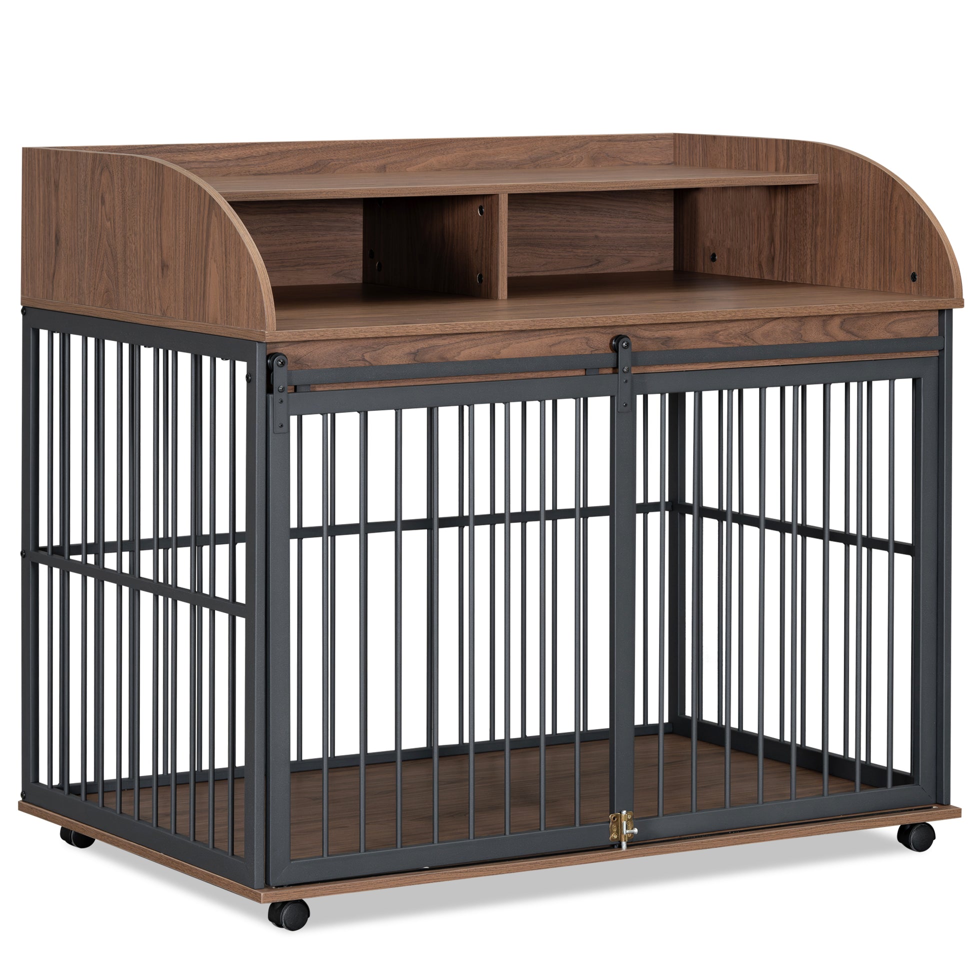 44'' Heavy Duty Large Dog Crate Furniture For Large Medium Dog With Lockable Wheels, Wooden Dog Crate Dog Kennel, End Table Crate With Double Layer Storage, Brown Brown Engineered Wood