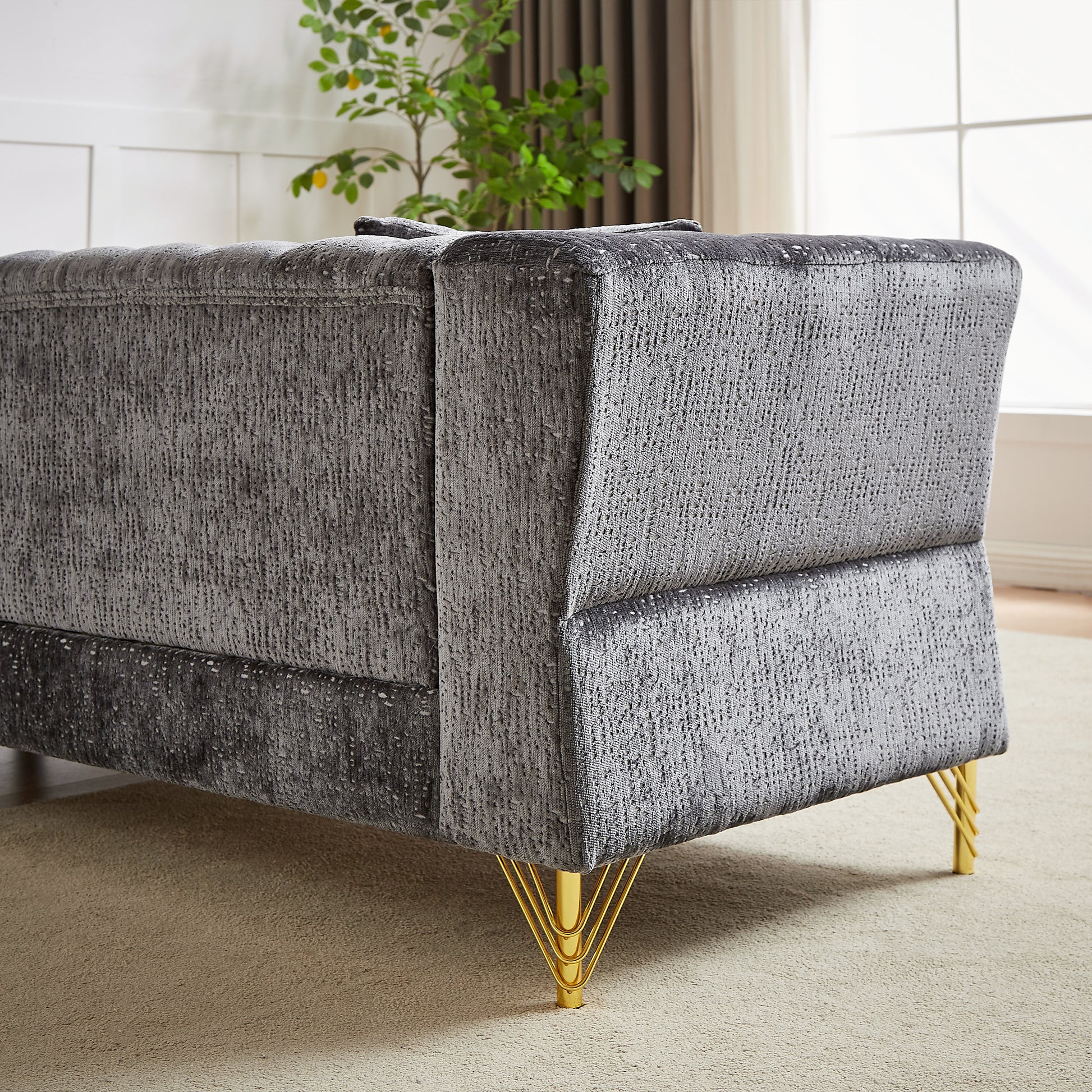 81.5 Inch Chenille Corner Sofal Shaped Sectional Couch, 5 Seater Corner Sofas With 3 Cushions For Living Room, Bedroom, Apartment, Office Grey Foam Chenille 5 Seat