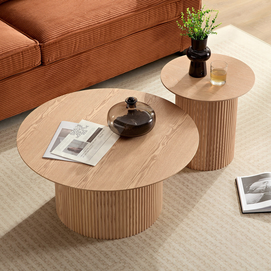 Set Of 2 Round Side Table And Coffee Table Circle Small Accent Table For Living Room Mid Century Circle Table Oak Oak Mdf